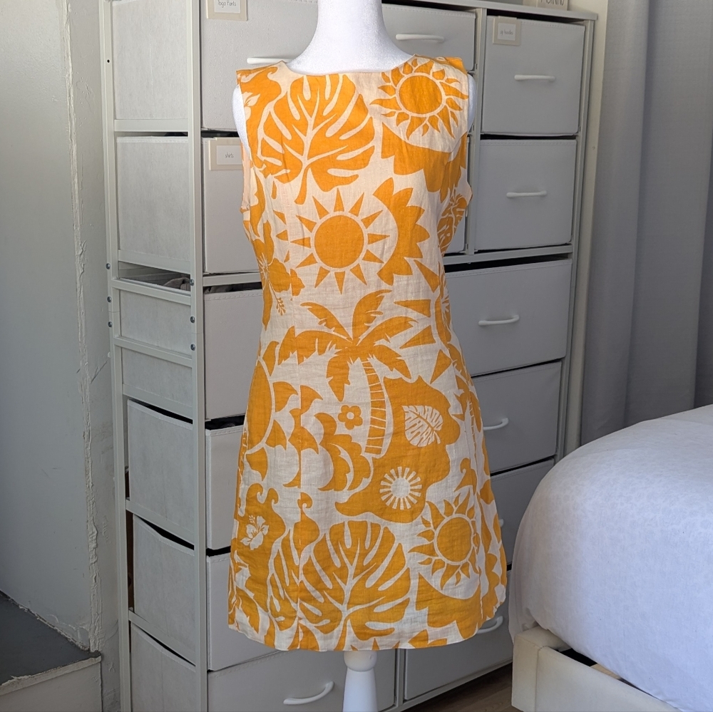 Magaschoni Yellow and White Linen Midi Dress